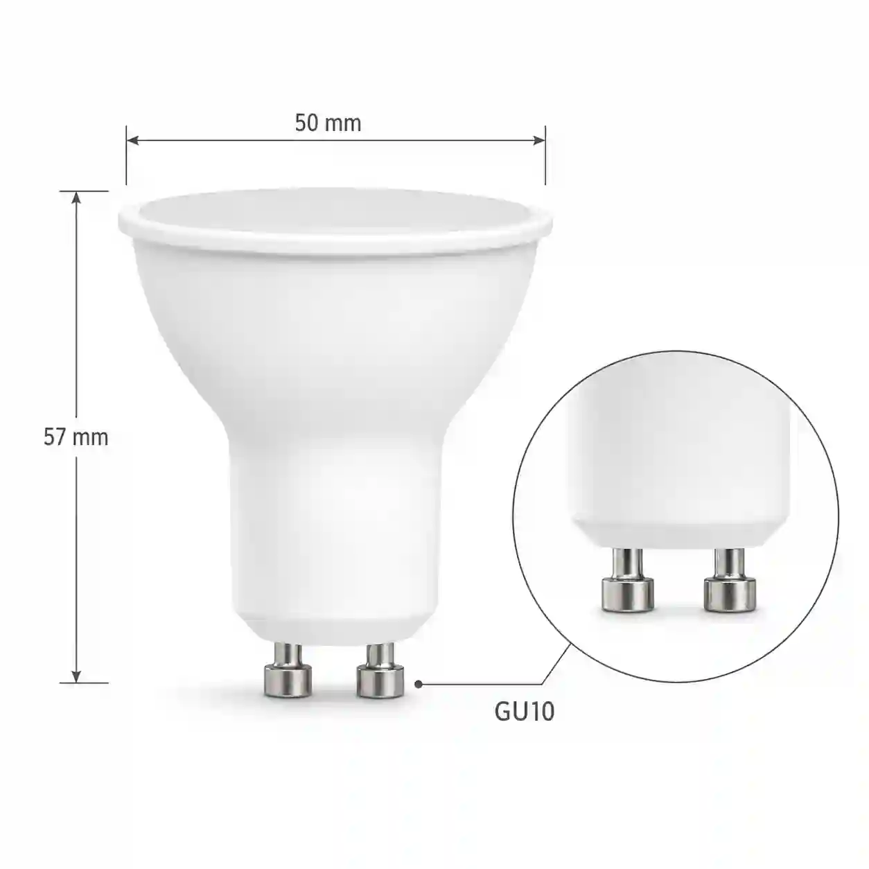 LED žárovka GU10 zezadu s paticí a rozměrovým srovnáním